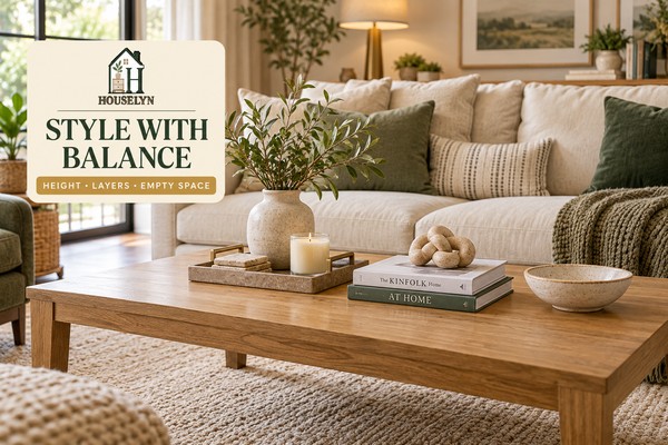 Warm neutral living room with a balanced coffee table arrangement using books, tray, candle, bowl and greenery with open surface space