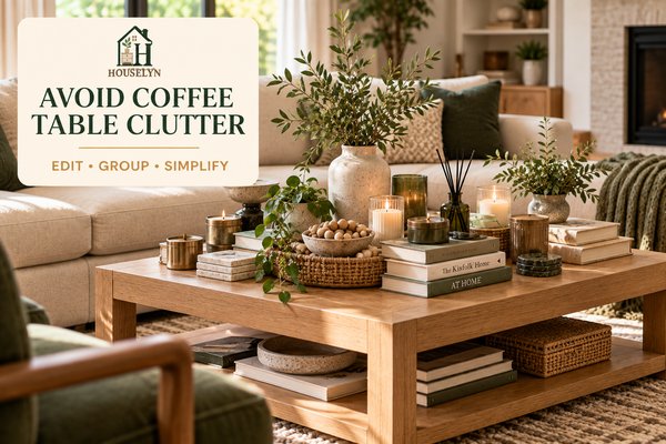 Coffee table showing common styling mistakes including too many small objects, little empty space and repetitive decor heights
