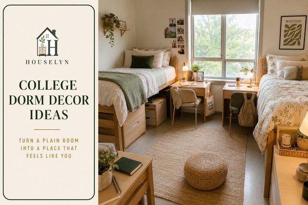 Warm shared college dorm room with coordinated bedding, a correctly scaled rug, meaningful wall decor and practical study areas.