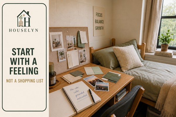 College dorm decorating plan with a realistic student room, colour samples, fabric swatches, photographs and a simple mood board.