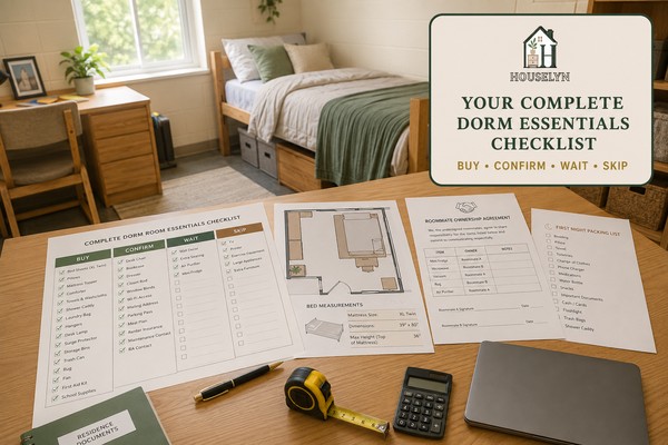 Completed college dorm essentials checklist organised into buy, confirm, wait and skip categories.