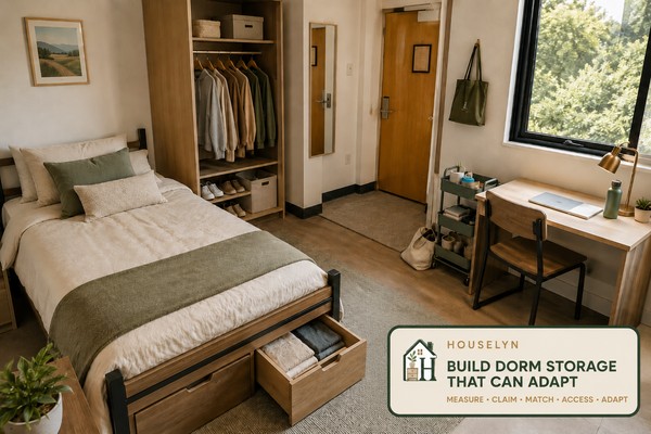 Completed college dorm storage system with accessible under-bed drawers, an adjusted closet, defined routine zones, a functional desk and preserved spare capacity.