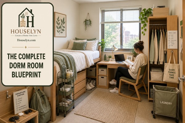 Organized college dorm demonstrating the Houselyn Dorm Organization Blueprint with functional zones, a study desk, wardrobe storage and a calm student lifestyle.