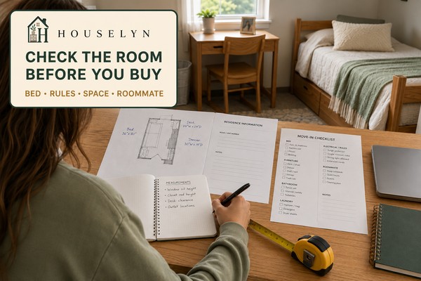 Dorm planning desk with residence information, bed measurements, room notes and a college dorm visible in the background.
