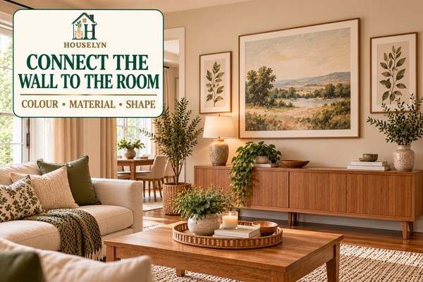 Warm neutral living room with affordable framed wall art connected to the room through matching wood tones, soft green accents and repeated shapes