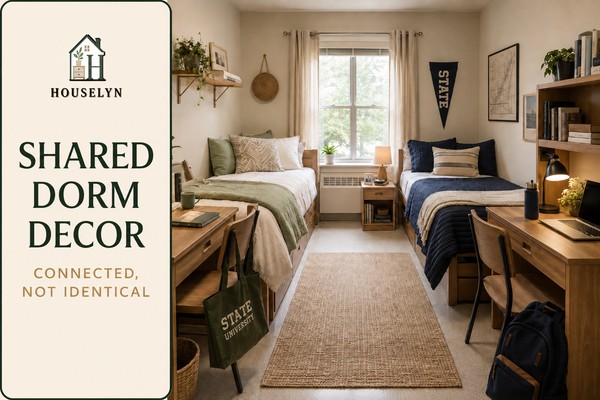 Shared college dorm with two individual decorating styles connected by a neutral rug, natural wood finishes and balanced wall displays.