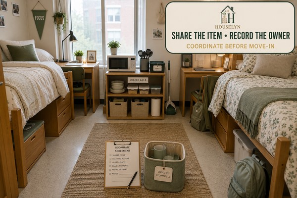 Shared college dorm with two distinct student zones and one clearly organised communal essentials area.