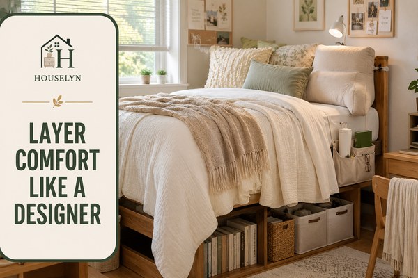 Cozy layered dorm bed with throw blanket, decorative cushions, soft bedding and warm dorm room styling