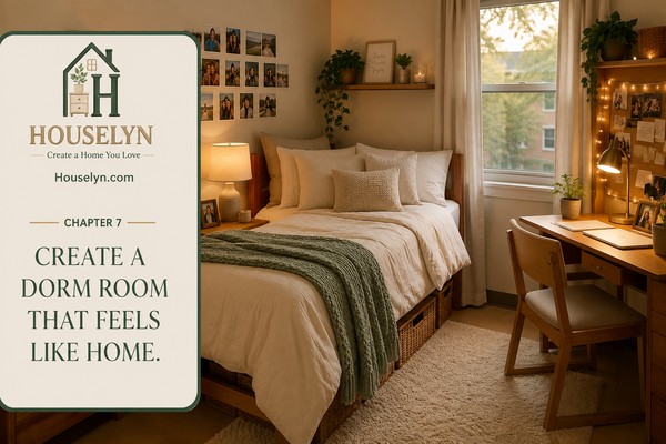 Warm, welcoming dorm room with a neatly made bed, cosy throw blanket, tidy desk, soft reading lamp, indoor plant and personal photographs.