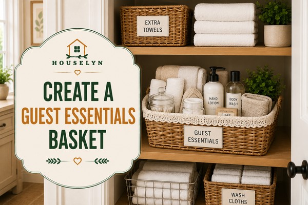 Linen closet organization ideas featuring a guest essentials basket, folded towels, and organized guest supplies create-a-guest-essentials-basket.jpg