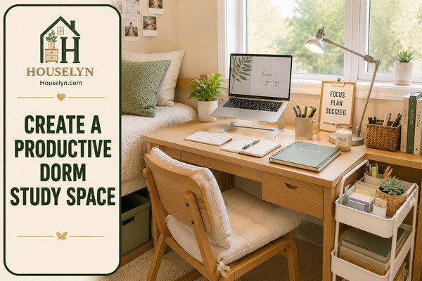 Modern dorm study desk with laptop, adjustable desk lamp, stationery, indoor plant and organized workspace.
