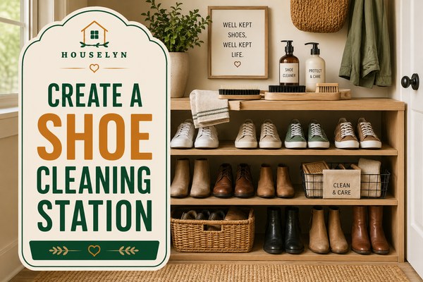 Shoe storage ideas featuring a shoe cleaning station, organized footwear, and shoe care supplies. create-a-shoe-cleaning-station.jpg