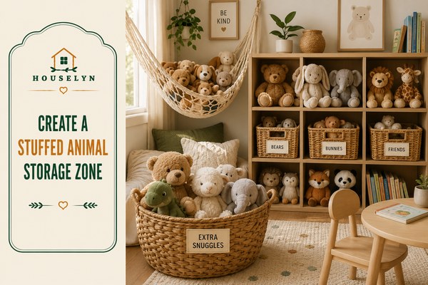 Toy storage ideas featuring stuffed animal storage, baskets, and organized playroom storage. create-a-stuffed-animal-storage-zone.jpg