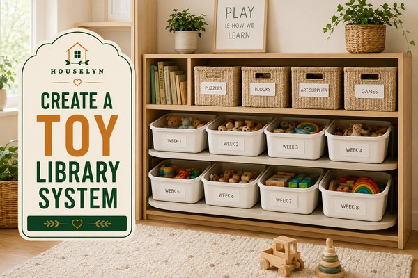 Toy storage ideas featuring a toy library system, rotating toy storage, and organized playroom shelves. create-a-toy-library-system.jpg