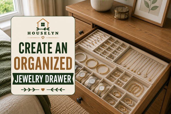Beautiful organized jewelry drawer featuring velvet organizers, neatly arranged accessories, and clutter-free dresser organization. create-an-organized-jewelry-drawer.jpg