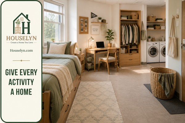 College dorm divided into practical organization zones, including a study area, sleeping area, clothing storage and a landing place for everyday essentials.