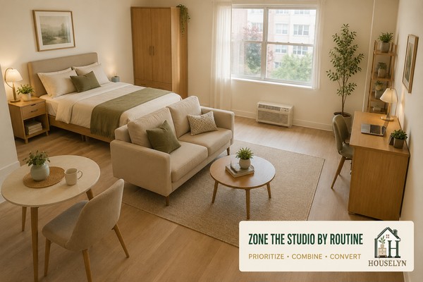Modern studio apartment with clearly defined sleeping, living, dining and work zones arranged around an open central route.