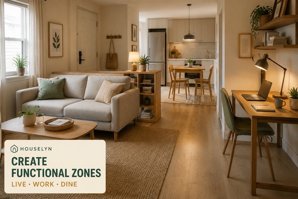 Open-plan small apartment divided into living, dining and work zones with furniture, rugs and lighting.