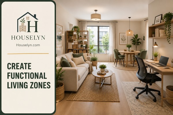 Small open-plan apartment with clearly defined living, dining and workspace zones.