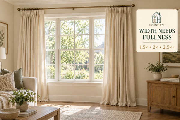 Full floor-length curtain panels with balanced gathers across a wide living room window