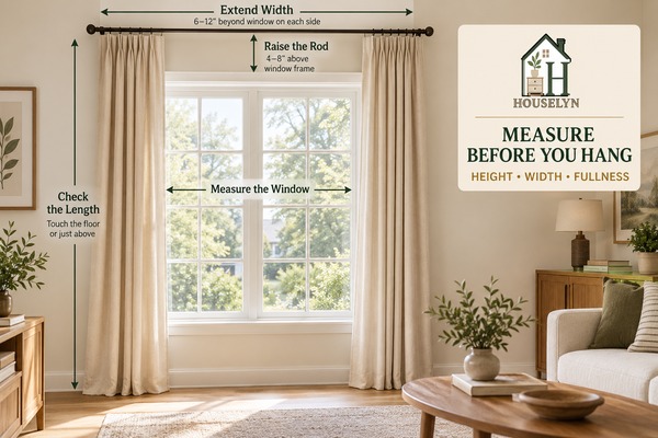 Floor-length curtains mounted above and beyond the window frame with balanced width and fullness