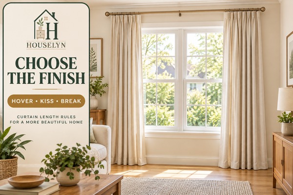 Floor-length curtains finishing neatly at the floor beside a living room window
