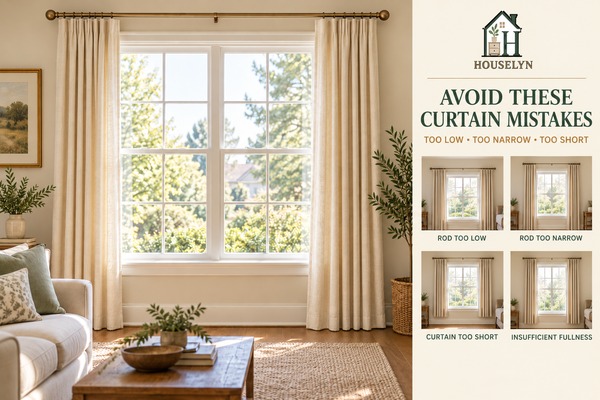 Living room curtains showing correct high and wide proportions compared with common curtain sizing mistakes