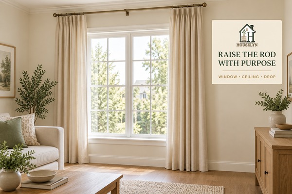 Curtain rod mounted above a living room window with balanced ceiling space and floor-length curtains