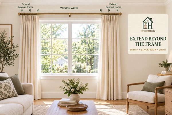 Curtain rod extending beyond both sides of a living room window so open curtain panels stack mostly off the glass