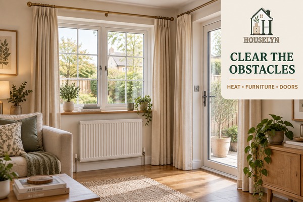 Living room curtains arranged with realistic clearance from a radiator, nearby sofa and opening door