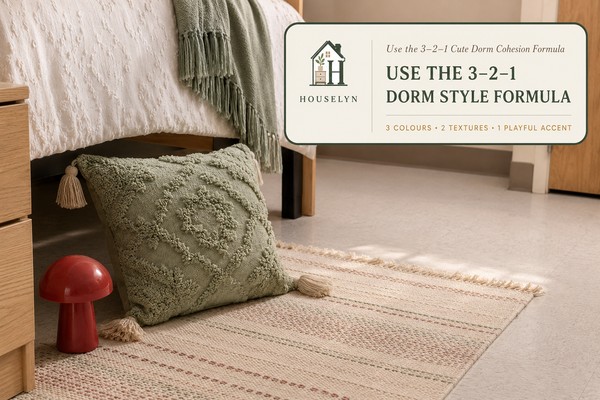Close dorm styling scene showing cream, sage and muted rose colours with a woven rug, soft throw and one playful red accent.
