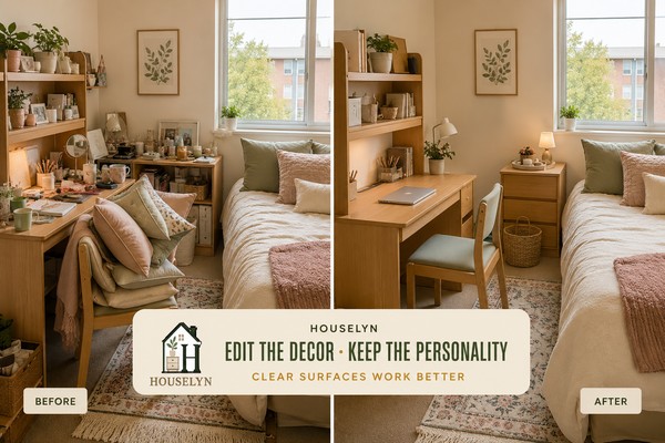Before-and-after college dorm scene showing crowded decorative surfaces beside an edited room with clear desk and bedside areas.