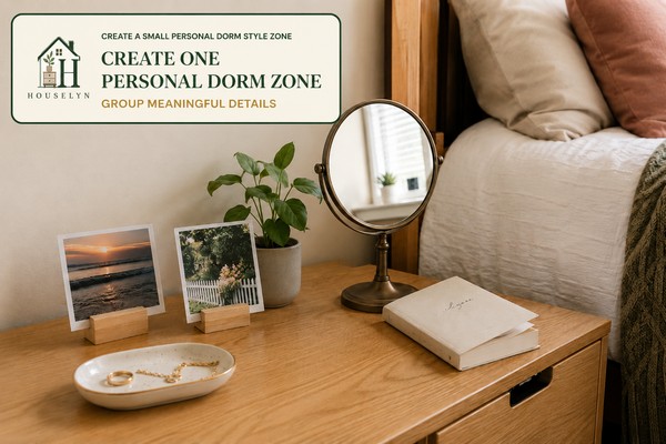 Small dorm personal zone with a tabletop mirror, two photographs, a catchall tray and one ceramic accessory.