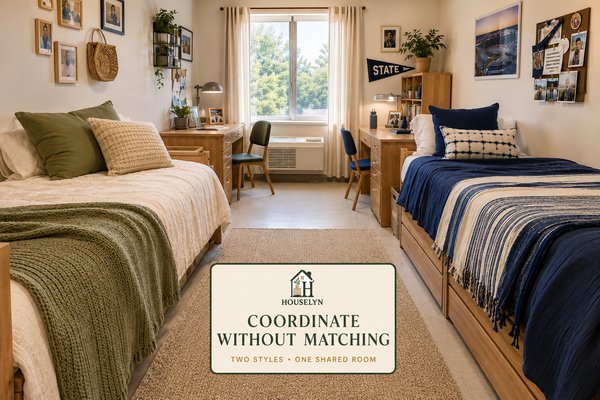 Shared college dorm with two differently styled beds connected by one neutral rug and a repeated muted green accent.