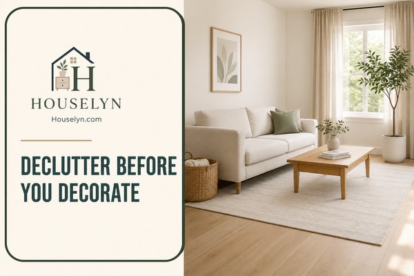 Small living room with minimal furniture, warm neutral décor, open floor space, natural light and clutter-free styling that makes the room feel larger.
