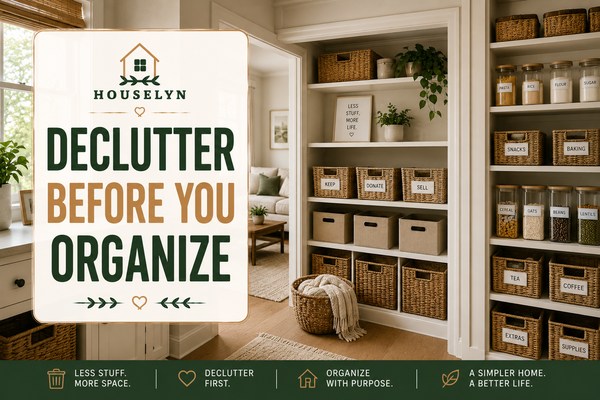 Decluttering tips featuring simplified storage systems, organized home spaces, and clutter-free living. declutter-before-you-organize.jpg
