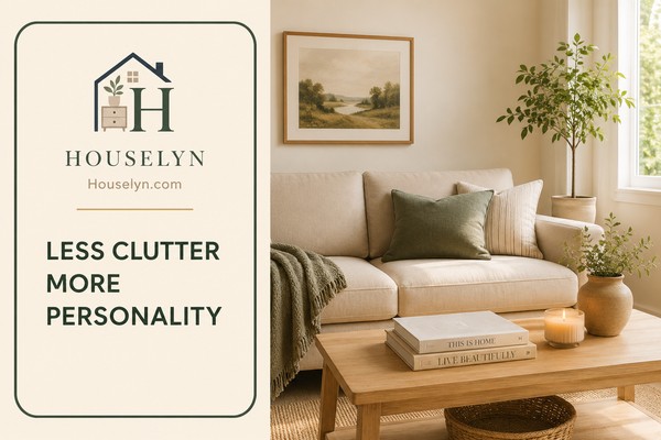 Compact living room with elegant styling, framed artwork, indoor plants, books and carefully chosen decorative accessories.