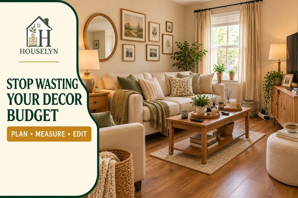 Warm neutral living room showing common budget decorating mistakes including too-small accessories, clutter and poorly scaled decor