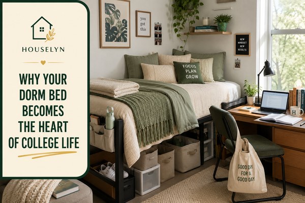 Beautifully organised dorm room with a comfortable bed, study desk, warm lighting and practical storage