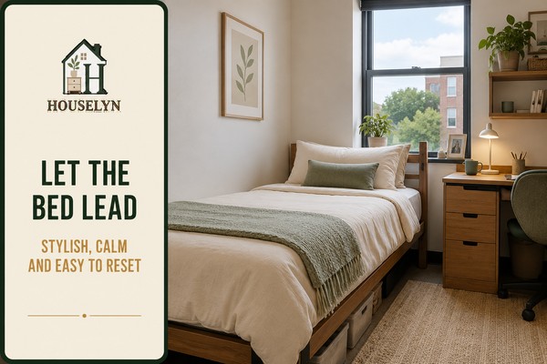 Standard college dorm bed styled with a restrained botanical pattern, coordinating solid cushions and a lightweight throw.