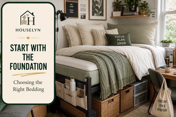 Layered dorm bedding with mattress topper, breathable sheets, duvet, supportive pillows, textured throw, and cosy college room styling