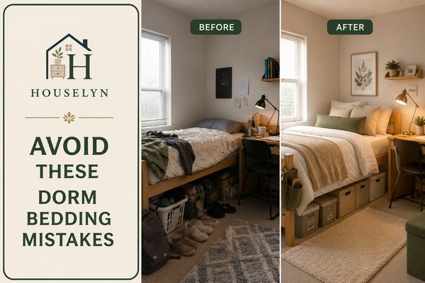 Before and after dorm room showing improved bedding, organisation and comfort