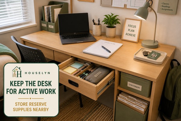 College dorm desk with a clear active work area, one open drawer containing reserve stationery, a cable pouch and neatly filed study papers.