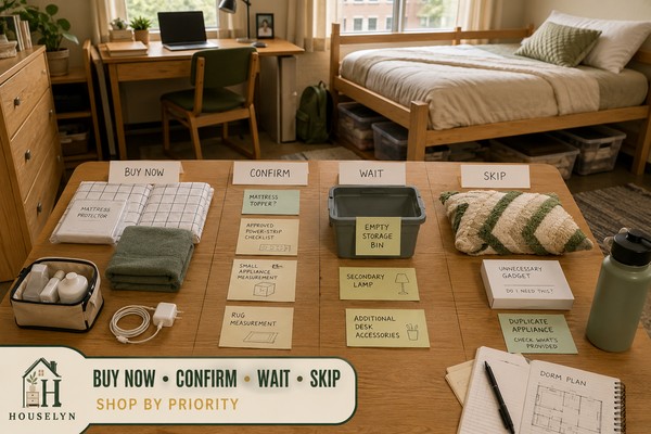 Organised dorm packing area divided into buy now, confirm, wait and skip categories.
