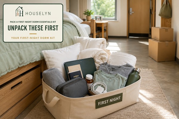 Clearly labelled first-night dorm kit with bedding, toiletries, chargers, documents and basic clothing.
