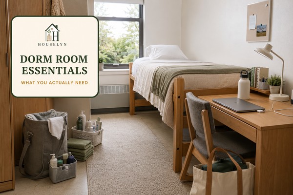 Practical college dorm with protected bedding, a clear study desk, laundry carrier, shower caddy and first-week essentials.