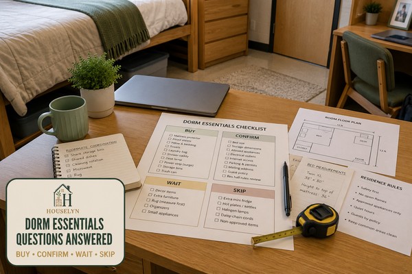 College dorm packing checklist organised into buy, confirm, wait and skip decisions.