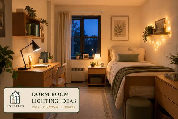 Cozy modern college dorm with a focused desk lamp, small bedside light and restrained decorative lighting.