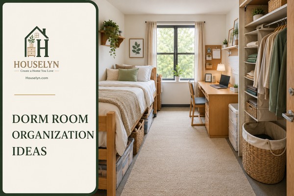 Organized college dorm room with practical storage, tidy desk, organized clothing, woven baskets and calm neutral décor. dorm-room-organization-ideas-hero.jpg