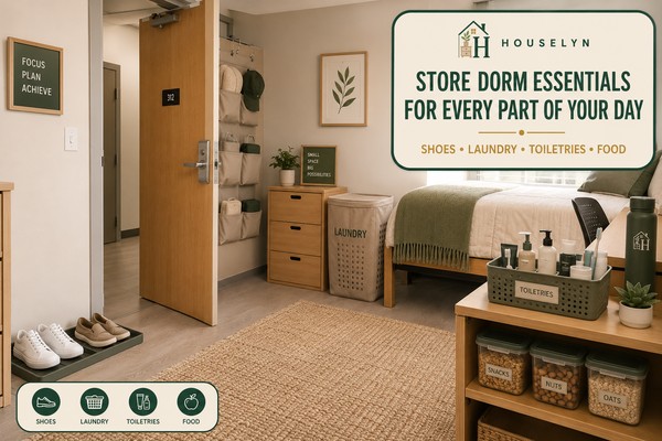 College dorm with a contained shoe landing zone, ventilated laundry hamper, portable shower caddy and sealed snack containers arranged along daily routines.